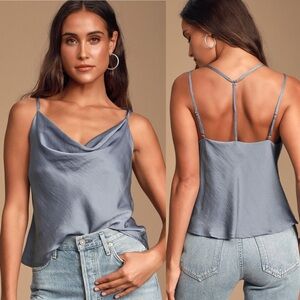 Lulu’s | Joslin Dusty Blue Cowl Neck T Back Sleeveless Blouse